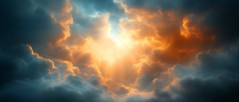 Dramatic sunset light breaking through dark clouds.