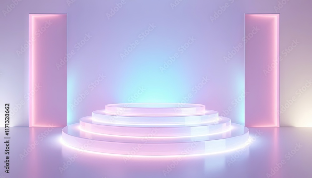 Poster minimalist pastel podium with soft pink and blue lighting, holographic empty showcase platform for p
