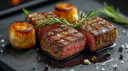 Grilled steak cutlets with roasted root vegetables, rosemary, and spices on a dark stone plate.