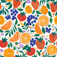 Fototapeta premium Seamless pattern with strawberries, blueberries, and oranges, vibrant colors, fruity design, cheerful mood
