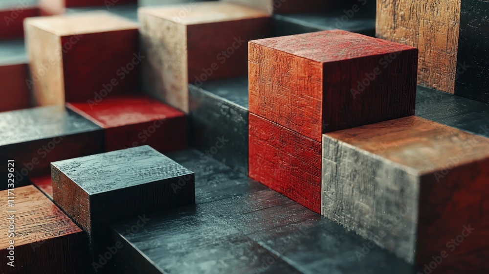 Poster a 3d illustration of blocks stacking upward in a conceptual representation of progress.
