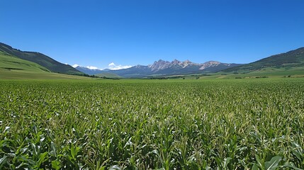Lush Cornfield Under a Vast Blue Sky and Mountain Range