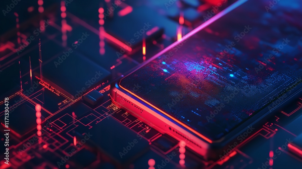 Poster smartphone with colorful app icons on the screen in a futuristic tech background.