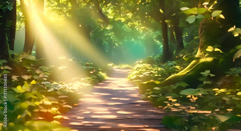 Poster the background of the video animation a forest path in the morning with sunlight filtering through t