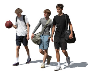Three boys with sports bags and a basketball walking together in the street isolated on transparent background