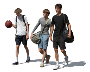 Three boys with sports bags and a basketball walking together in the street isolated on transparent background