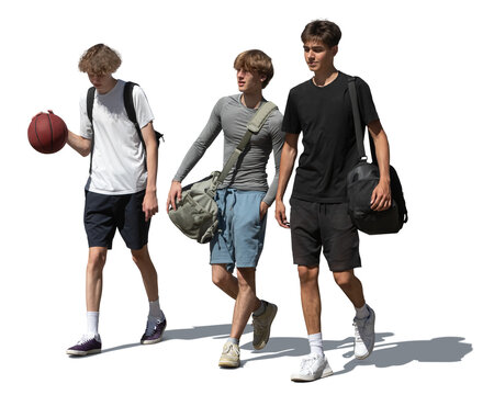 Three boys with sports bags and a basketball walking together in the street isolated on transparent background - Powered by Adobe