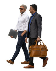 Two men in suits walking and talking business isolated on white background