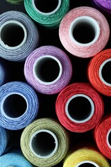 Spools of bright sewing threads, top view