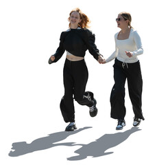 Two young women running happily hand in hand and smiling isolated on transparent background