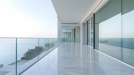 Obraz premium Minimalist balcony with frameless glass railings and polished stone flooring, set against an urban skyline