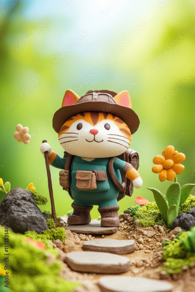 Poster claymation cat, a whimsical claymation cat with a backpack is adventuring through a playful clay lan