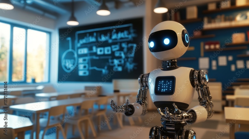 Leinwandbilder A humanoid robot stands in a classroom setting with a chalkboard in the background.