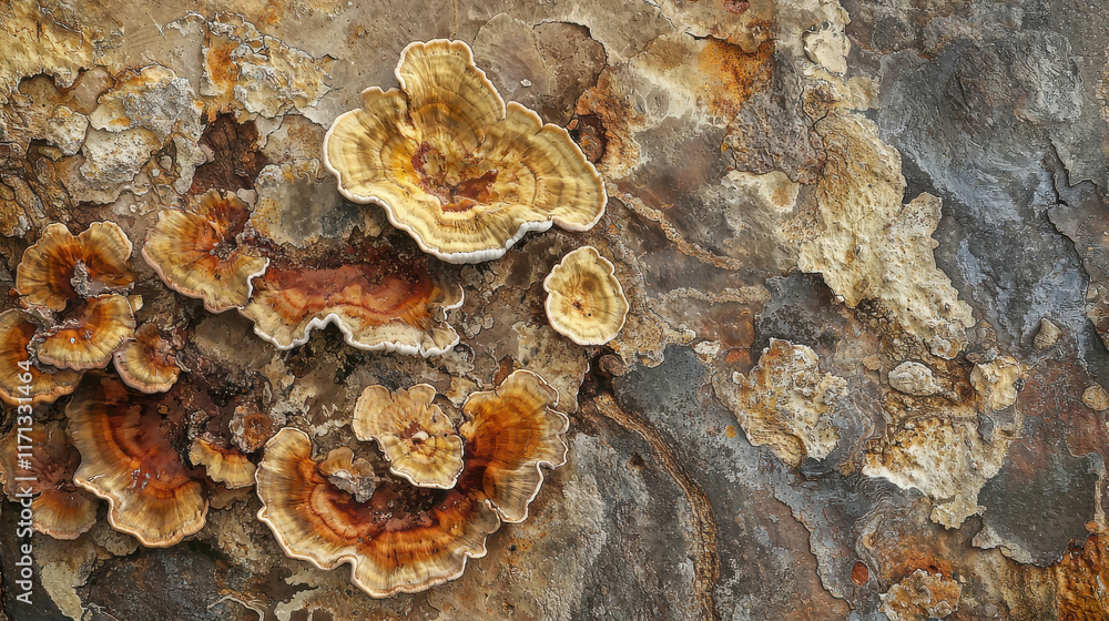 Poster intricate and mysterious pattern of mushrooms on weathered rock surface