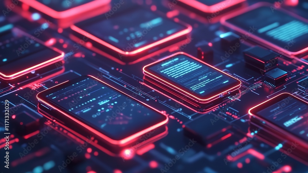 Aufkleber smartphone with colorful app icons on the screen in a futuristic tech background.