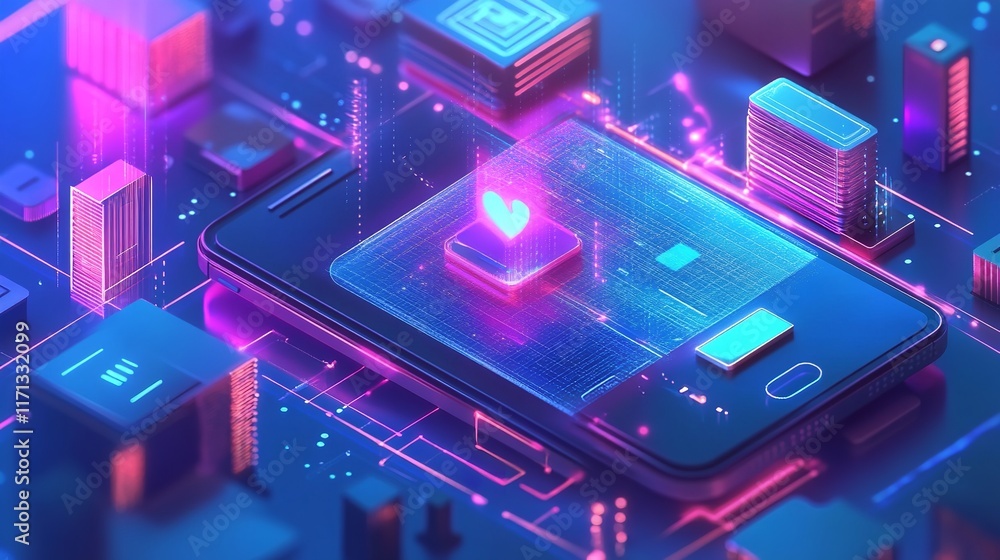 Aufkleber smartphone with colorful app icons on the screen in a futuristic tech background.
