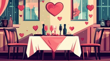 Valentine's Day dinner flat design front view elegant theme cartoon drawing Split-complementary color scheme