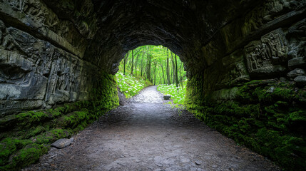 Obraz premium Mystical Ancient Tunnel Carved into Mountain Surrounded by Lush Greenery