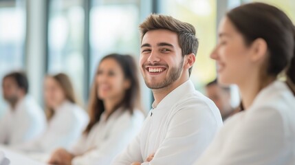Fototapeta premium Smiling people men and women in white medical suits attending workshop, medicine conference