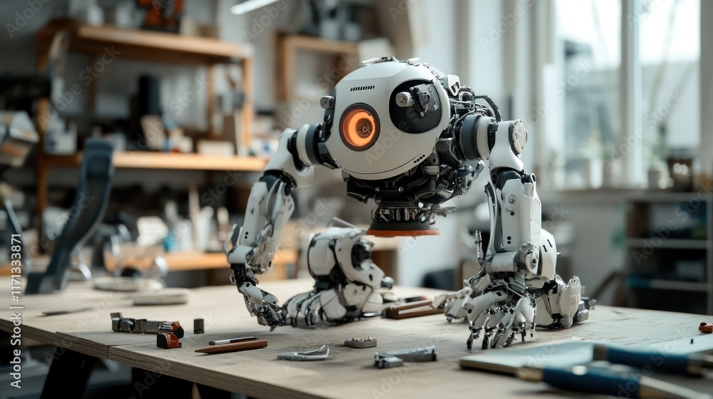 Leinwandbilder a humanoid robot working on a wooden table filled with tools and materials in a workshop.