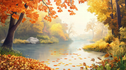 serene scene of autumn leaves by tranquil river, showcasing vibrant orange and yellow foliage reflecting on water surface, creating peaceful atmosphere