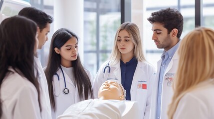 team of interns gathered around a patient simulator, discussing diagnosis and treatment plans