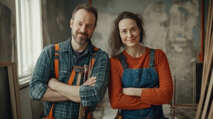 Skilled construction workers pose together in a renovation site with warm expressions and tools in hand