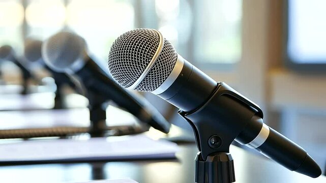 Microphones and Recording Equipment on Sleek Table in Studio Setting