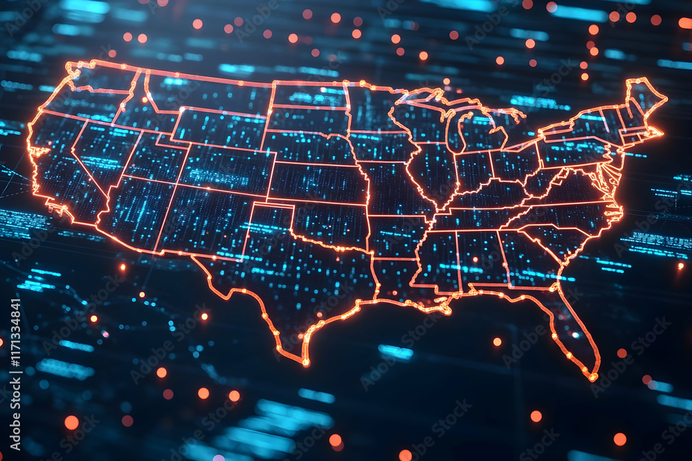 Poster digital map of usa glowing with data connections.