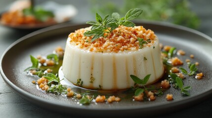 Creamy panna cotta dessert topped with crunchy crumbs and fresh herbs, served on a dark plate.