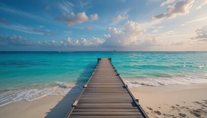 Obraz premium Wooden Pier Leading to a Blue Ocean Under Clear Skies