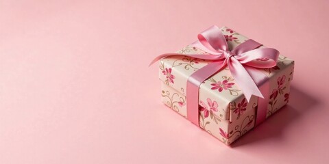 A Delicate Pink Gift Box with Floral Design and Ribbon Bow on a Matching Background