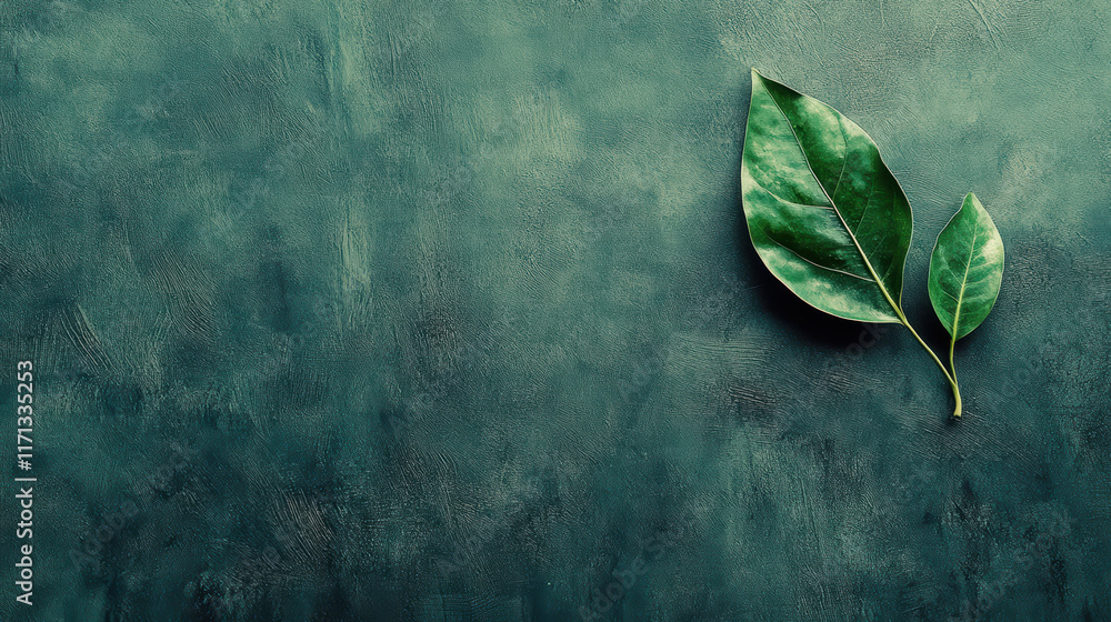 Poster single green leaf rests on textured dark surface, creating serene and inviting atmosphere. smooth ba