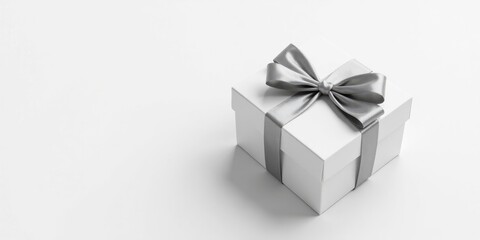 A single white gift box with a silver ribbon bow, elegantly presented on a pristine white background