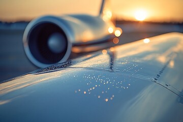 Close-up of private jet wing at sunset, water droplets on polished surface.