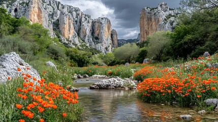 Tranquil creek winding through a lush colorful landscape beneath towering cliffs and mountains surrounded by vibrant orange poppies and verdant foliage in a serene natural setting