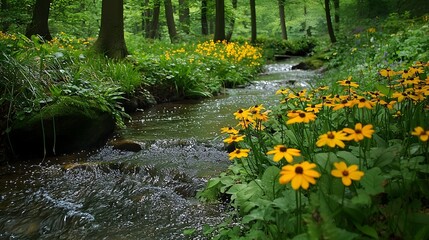 Vibrant spring wildflowers in full bloom along the banks of a peaceful babbling mountain stream nestled in a lush verdant forest landscape