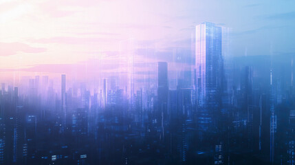 Futuristic Cyberpunk City Skyline at Sunset with Digital Holographic Skyscrapers
