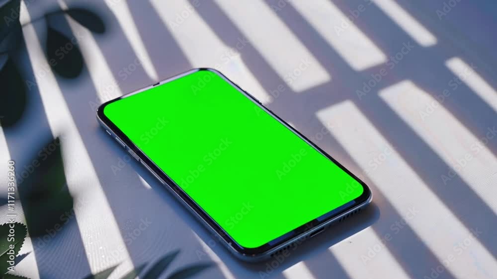 Poster this brightly colored smartphone with a green screen lies on a table, illuminated by soft shadows.