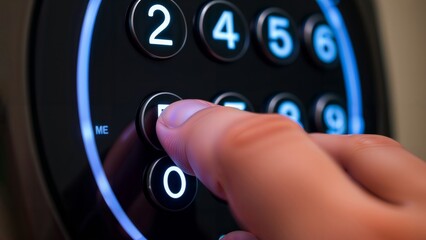 Digital Security Access. Close-up of human finger pressing illuminated number on modern circular keypad with blue LED backlight.