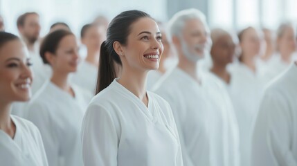Obraz premium Smiling people men and women in white medical suits attending workshop, medicine conference