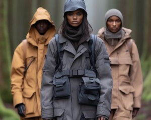 Fototapeta premium Three models in parkas and vests in a forest.