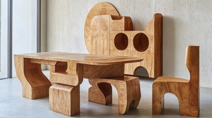Modern wooden dining set with sculpted forms.