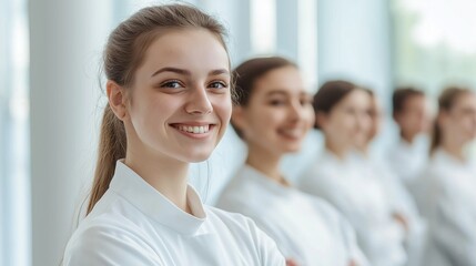 Fototapeta premium Smiling people men and women in white medical suits attending workshop, medicine conference