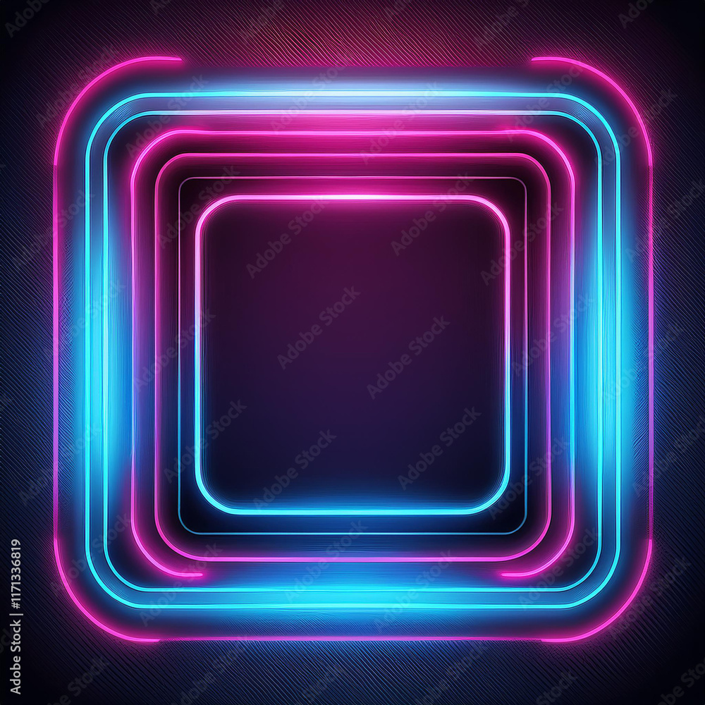 Poster glowing square with pink and blue neon lights. abstract frame with rounded corners. 3d render.