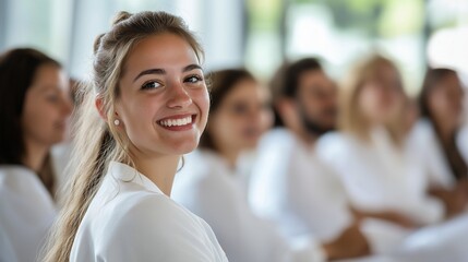 Fototapeta premium Smiling people men and women in white medical suits attending workshop, medicine conference