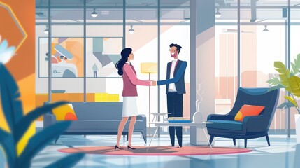 A business leader shaking hands with a client in a modern office. 