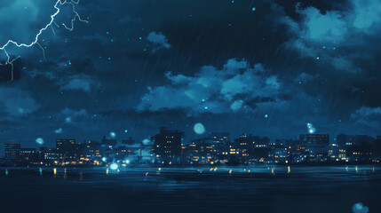 stormy night with city skyline illuminated by lightning and rain, creating dramatic atmosphere over water. scene captures beauty of nature power