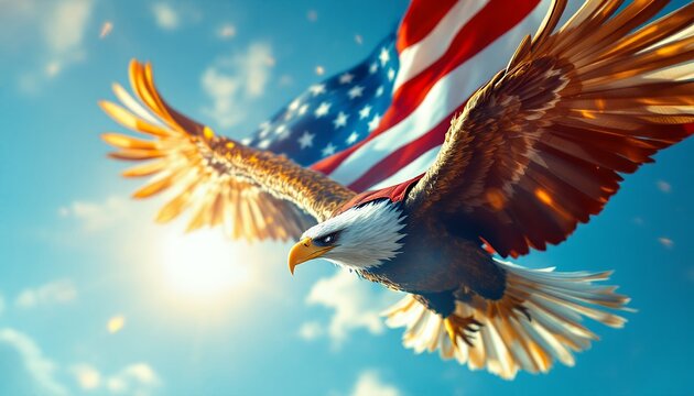 American Bald Eagle in Flight with Flag