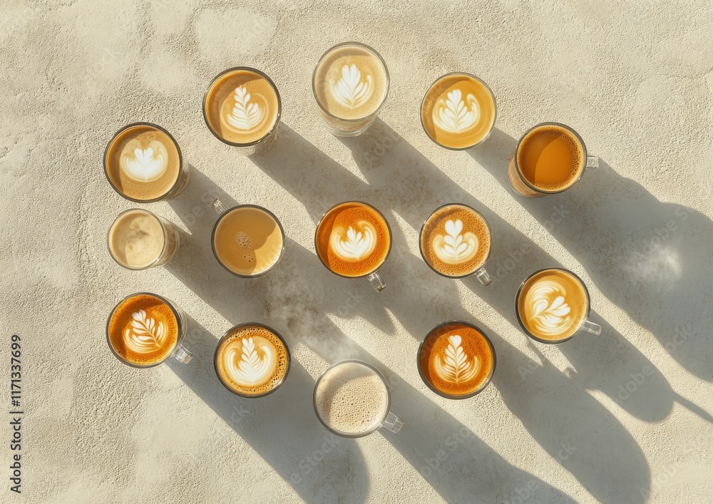 Aufkleber a creative array of coffee cups displaying artful latte designs with shadows on a light surface, sho